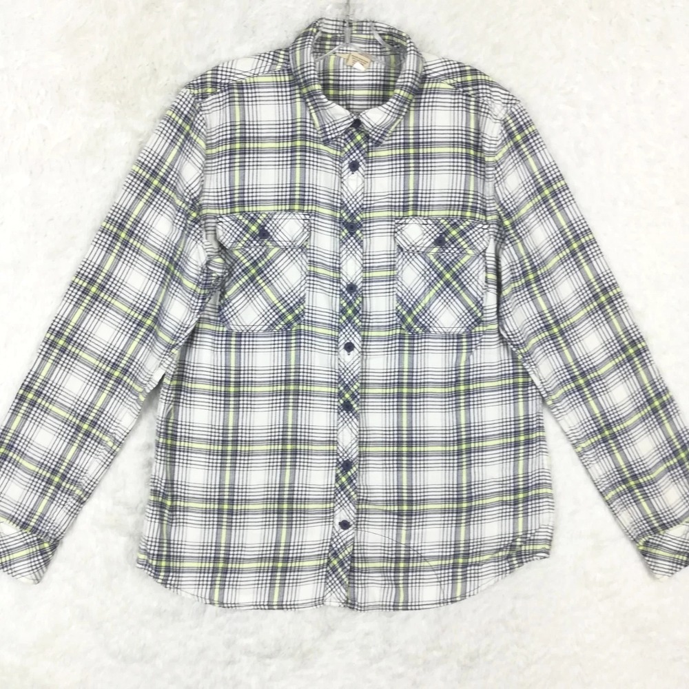 Duluth Trading Womens Shirt Button Up White Blue Neon Plaid Roll Tab Sleeve L